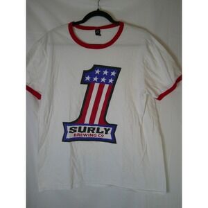 Rare Surly Brewing Co Mens Ringer T-Shirt White Red Americana Graphic Anvil L